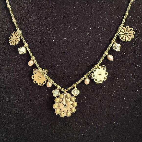 Liz Palacios SF Swarovski Crystal Antique Gold Tone Floral Necklace Brown Amber - Picture 5 of 10